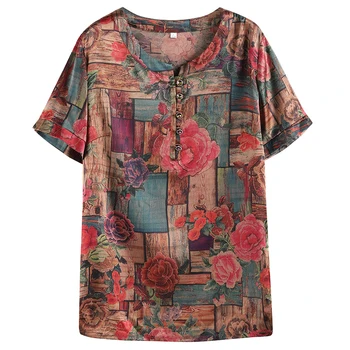 Ljetna Svilene t-shirt Ženska Moda cvjetni Ženska t-shirt Plus Size t-Shirt Ženska Odjeća 2020 Košulje Ropa Mujer KJ3897