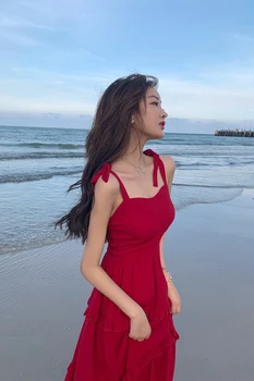 Sanya more odmor prerušiti donje 2021 novi crveni remen dugu suknju putovanja super vila plaža suknja suknja plaža