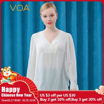 VOA Silk Crepe De Chine White Arch Needle Edging V-izrez Šivanje Long Sleeve Office Lady Fashion T-shirt for Women BE503
