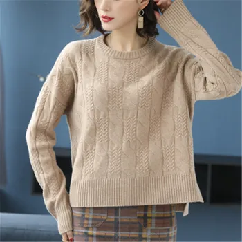 High-end čiste vune однотонный pletene ženski modni upletena Oneck vanjski rub pulover bijeli džemper 4 boje L-XL