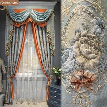 Običaj zavjese luksuzna spavaća soba je Europska palača vila visoka točnost debela plava tkanina raspada zavjesa zavjesa tila ploča C459