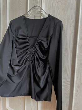 2021 Jesen nova bluza ženska moda V-izrez plisirane majice s dugim rukavima top