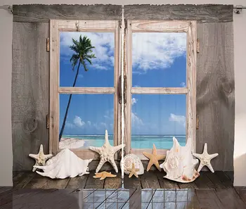 Plaža Guste Zavjese Ljetni Odmor s Školjaka Morska zvijezda Palma Ocean Print Prozor Zavjese