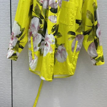 Moderan Cvjetni Žute Majice za Žene Jesen Novi 2021 Luksuzni Brand Rever Dugi Rukav Slobodna Majica Visokog Kvaliteta Pamučna Košulja