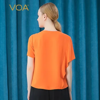 VOA Svila 30 m/m Teški Naranča je Okrugli Izrez Asimetrično Nabran Šivanje Kreativni kratkih Rukava Izravna Ženska t-shirt majica BE386